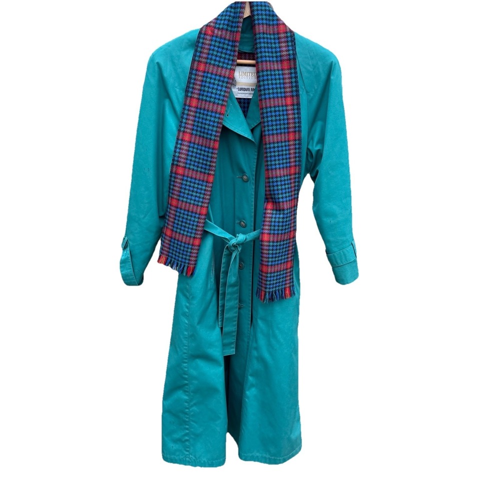 Vintage London Fog Trench Coat Womens 8 Green Belted Plaid Lined USA